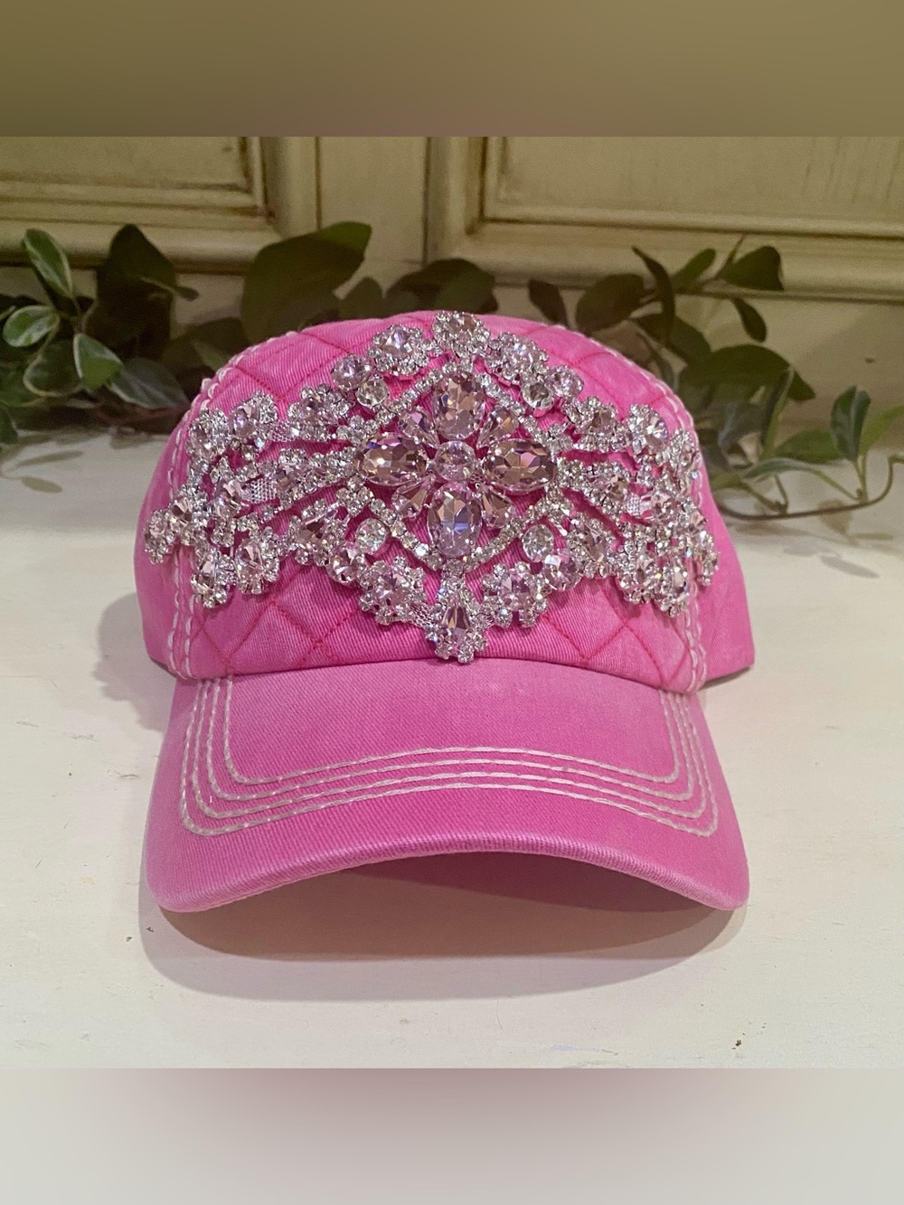BRAND NEW WITH TAGS Pink Diamond Bejeweled Quilted Bling Cap